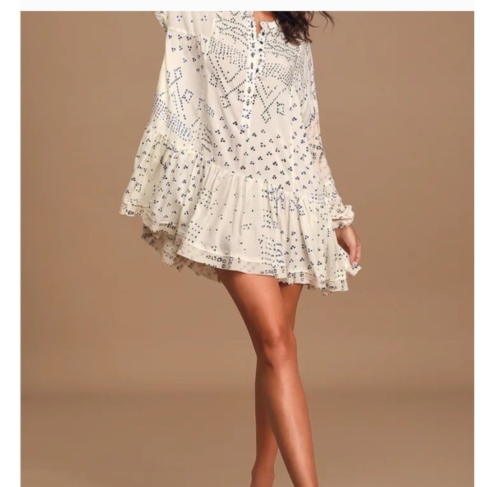 Free People White Blue Dot Print Tiered Ruffle Mini Dress XS - Picture 2 of 12